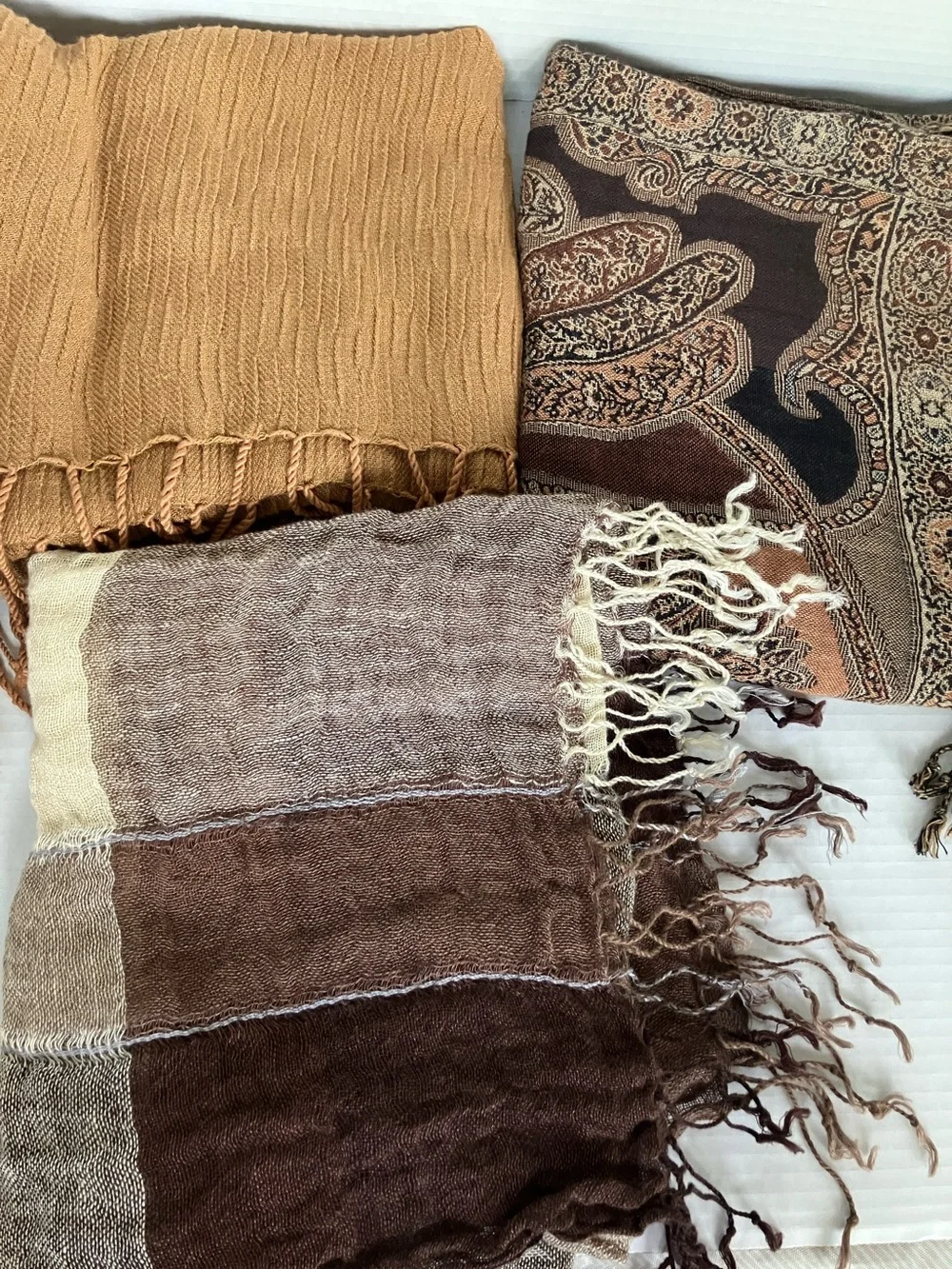 Vintage‎ Bundle (7) Long Scarves - Navy Blue, Purple, Tan, Cream, Gray, Brown